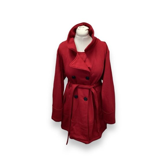 Big Chill Women's Red Double Breasted Trench Coat Peacoat Belted Fleece Jacket - Picture 3 of 10